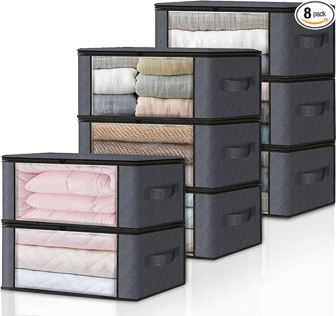 HomeHacks 8-Pack Clothes Organizer Storage Bags, 35L Storage Bins, Gray | Foldable Storage Box Container with Zippers, Clear Window, Reinforced Handles for Closet, Dorm, Pillows, Bedding, Sweater