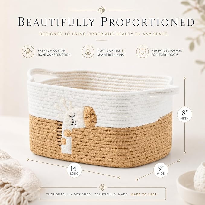 Storage Basket, Woven Baskets for Shelves, Giraffe | 3 Pack Boho Cotton Rope Storage Baskets, 14" x 9" x 8", Home Organizer for Nursery, Holds Toys, Books & Towels