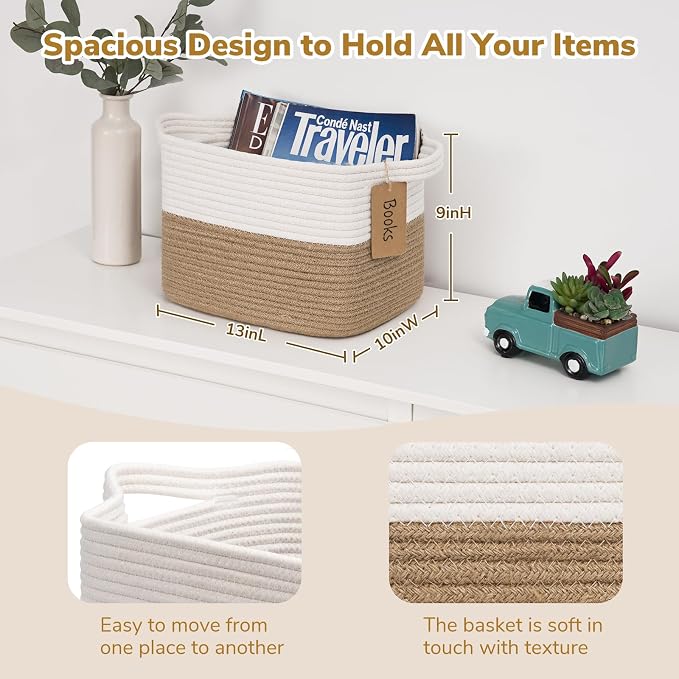 Goodpick Woven Rope Storage Basket for Shelves, Rectangle, Jute | 13" × 10" × 9" Stylish Gift Basket for Bedroom & Living Room Organization, Fits Toys & Pet Supplies Storage, Writable Label