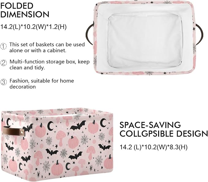 Happy Halloween Pink Storage Basket with Waterproof Liner and PU Handles Pumpkin Bat Moon Mushroom Storage Bins Boxes 14.2" Collapsible Decorative Organizer Baskets for Bedroom Closet Office 2 Pack