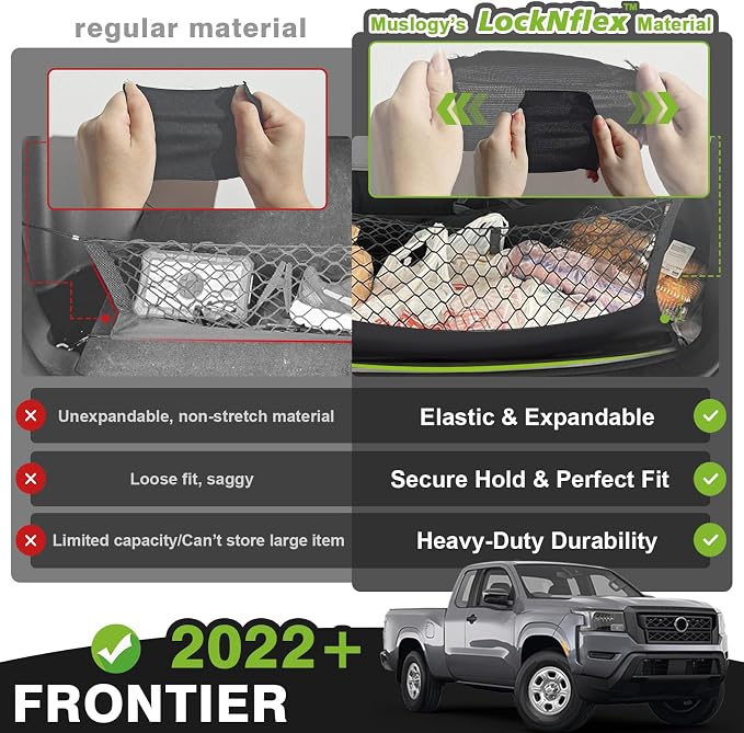 Muslogy Cargo Net for Nissan Frontier 2022-2025 2026 Accessories | Custom Fit, Truck Bed Storage Organizer Net for Pickup Truck Bed Divider, Heavy Duty Carabiners, Night Visible Grab Handle