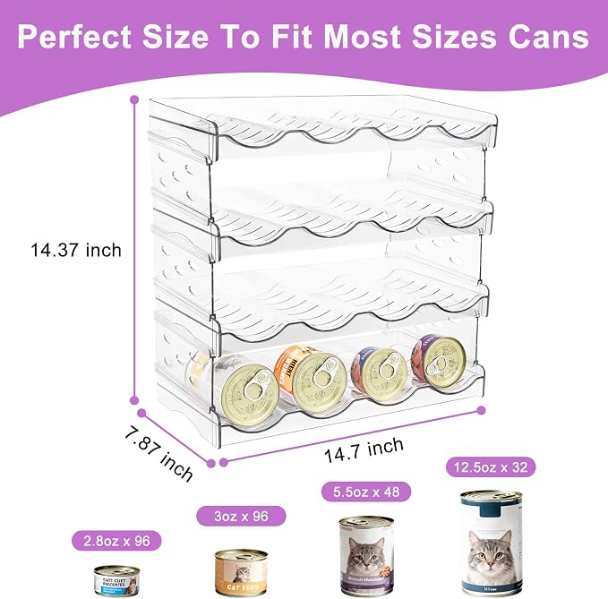 REFLYING Cat Food Can Organizer 4-Tier Holds 96 Cans Acrylic | Clear acrylic 4-tier cat food can organizer,Holds 96 cans 3oz-12.5oz,Stackable pantry storage for multi-cat households