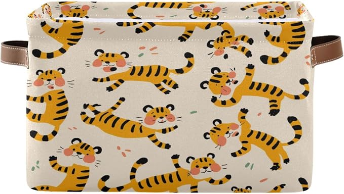Cute Tigers Storage Basket with Handles Collapsible Canvas Storage Bin Toy Decorative Basket Closet Organizer for Nursery Bedroom Home