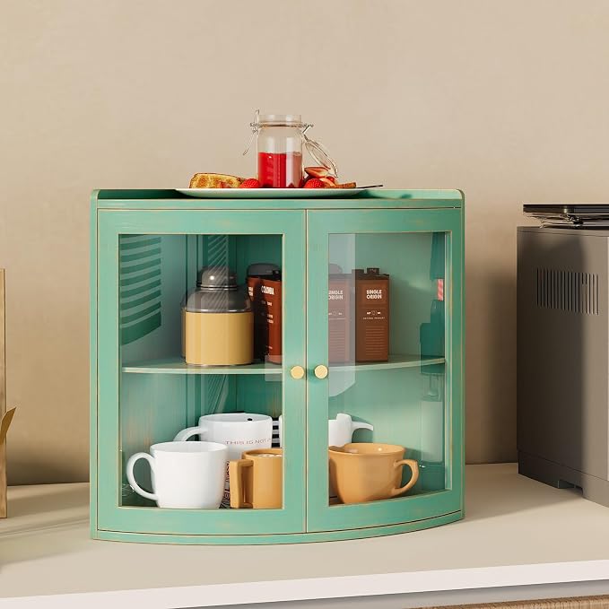 Trironsun Fan Shape Corner Bread Box for Kitchen Counter Double Layer Large Bread Storage Container with Acrylic Doors Farmhouse Wooden Bread Box Organizer for Homemade Bread (Antique Blue)