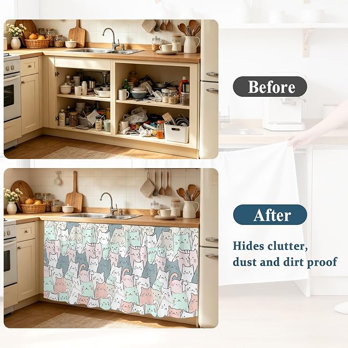 Cartoon Cat Cabinet Curtain 28"Wx51"L, Dustproof Storage Cabinet Curtain with Self Adhesive Tape, Funny Cute Colorful Animal Pet Tall Pantry Cover Drape for Kitchen, Laundry Room, Utility Closet
