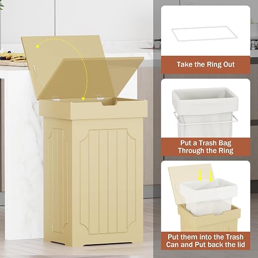 Function Home Trash Can Cabinet, 13 Gallon Kitchen Garbage Can, Wood Recycling Trash Bin, Freestanding Dog Proof Trash Can, Farmhouse Trash Cabinet with Lid for Home Kitchen Bathroom, Yellow