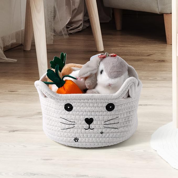 Zopeal Cat Woven Gift Basket, 8.3 x 4.7 Inch, white | Cute Cotton Rope Organizer with Handles for Toy Box, Nursery Decor, Decorative Bin, Pet Supplies Holder, Desk Storage