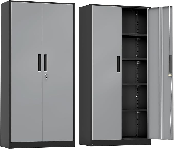 Greenvelly Metal Storage Cabinet with Doors and Shelves, 72" Inch Locking Metal Cabinet,Garage Storage Cabinet for Garage Office School Warehouse (Black Gray)