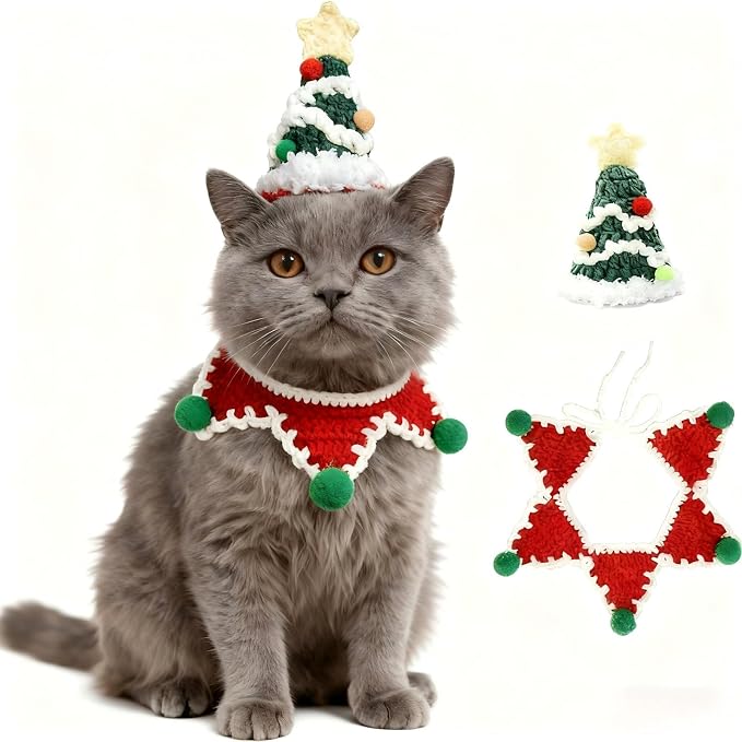 Christmas Cat Costume,Handmade Dog Outfit with Christmas Tree Cat Hat,Knitted Dog Costume,Adjustable Fit Five-Pointed Star Clothes, for Dogs,Rabbits