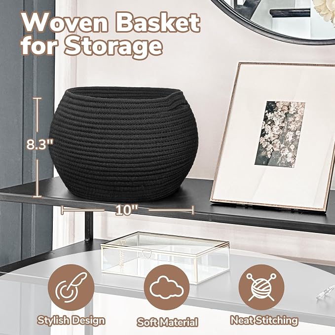Goodpick Round Woven Rope Storage Basket for Shelves, 10" x 8.3", Black | Decotative Small Basket for Toy Storage, Baby Gift Basket with Handles, Fits Living Roon & Nursery Décor, Plant Baskets