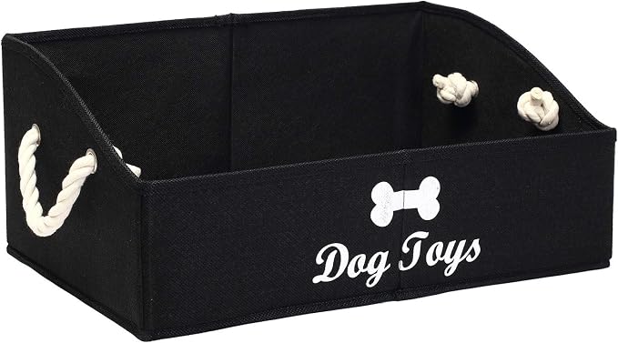 Large Dog Toys Storage Bins - Foldable linen Trapezoid Organizer Boxes with weave Rope Handle, Collapsible Basket for Shelves (Black-DOG)