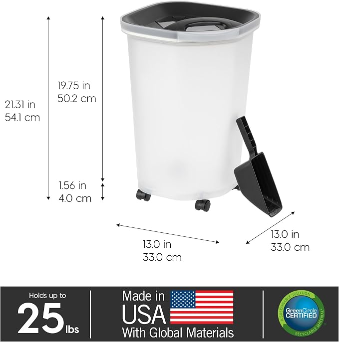 IRIS USA Dog Food Storage Container, Up to 25 lbs, Black, Made in USA | Includes 2-Cup Scoop & Wheels, Airtight Seal, BPA-Free, Bird Seed, Cat food, Chicken Feed, Treats, Keeps Kibble Fresh