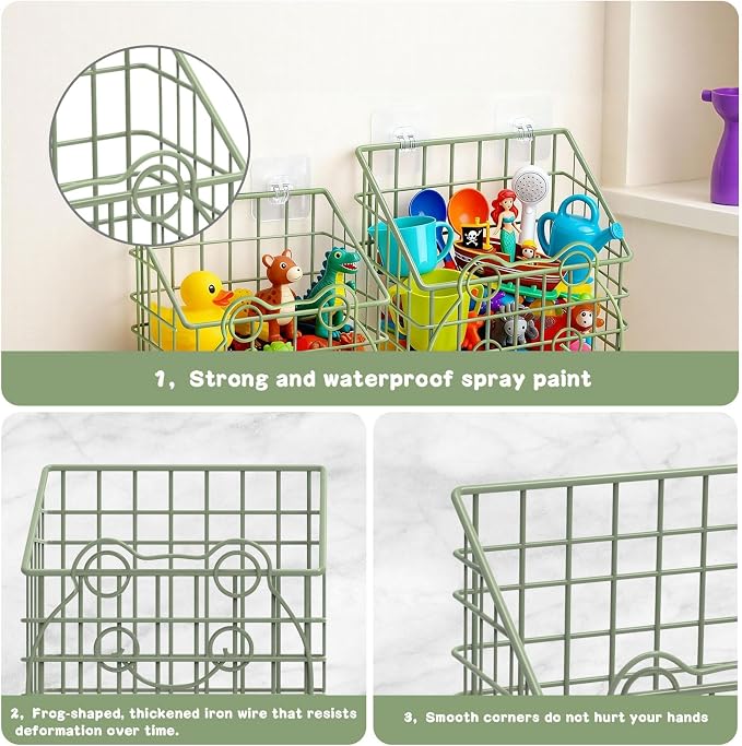 Greentainer 2 Pack Bath Toy Storage Organizer, Large Rustproof Metal Wire Basket, Wall Mounted Hanging Bathtub Holder, Bathroom Shower Caddy for Tub Toys & Toiletries