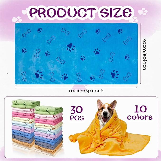30 Pcs Dog Towels for Drying Dogs Bulk 20 x 40 Inch Quick Drying Pet Bath Towels Colorful Pet Grooming Towel Absorbent Microfiber Towel for Small Medium Large Dog Puppy Cat (Multicolor)