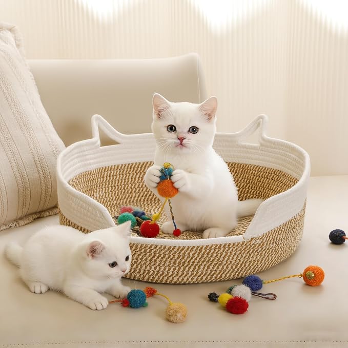 Cat Toy Basket, Cat Toy Box Organizer Baskets, Woven Cotton Rope Pet Puppy Dogs Cats Bed Toy Bin With Handle, Chew Toys Blankets Leashes Storage Baskets for All Pets - Puppies to Large
