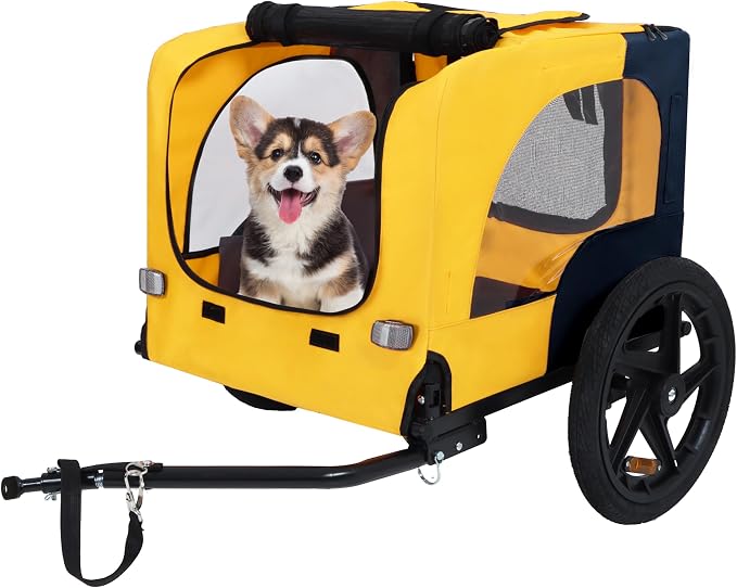 Pet Bike Trailer for Dogs, Foldable Dog Bicycle Trailer Carrier with Quick Release Wheels, Waterproof Oxford Fabric, Safety Leash & Reflective Lights for Small Medium Pets up to 66 lbs