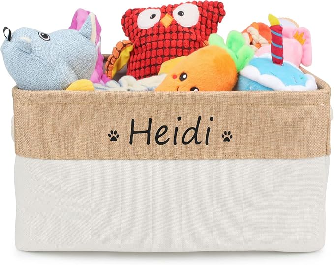 Personalized Dog Toy Storage Basket Bin Collapsible Customized Pet's Name Storage Box Organizer for Dog Toys、Dog Clothing、Dog Apparel & Accessories(Beige-M)