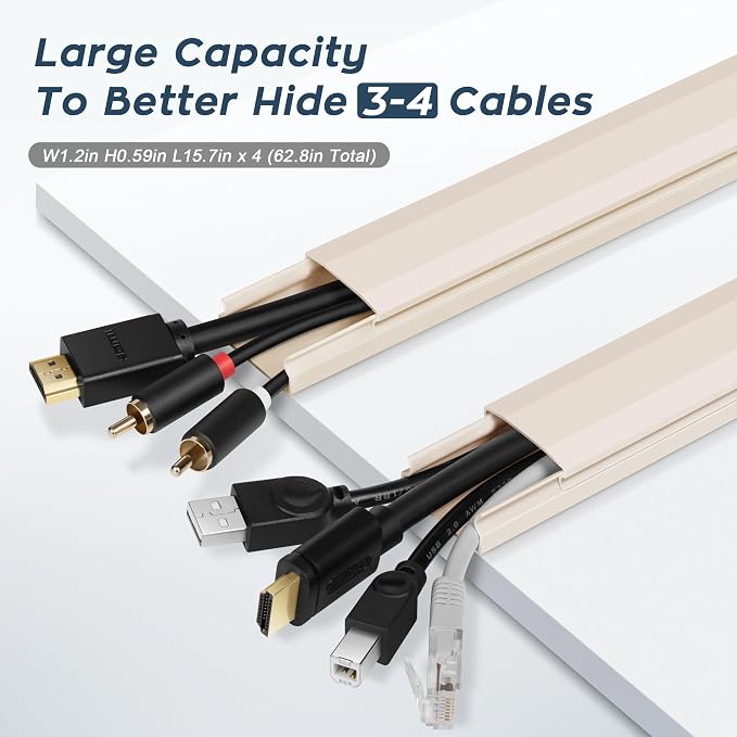 PVC Cord Hider Cable Management Wall, 62.8in TV Cable Hider | Paintable Cable Concealer for Wall Mounted TV, Cable Raceway Beige Wire Hider, Wall Wire Covers for Cords, L15.7inW1.2H0.59in