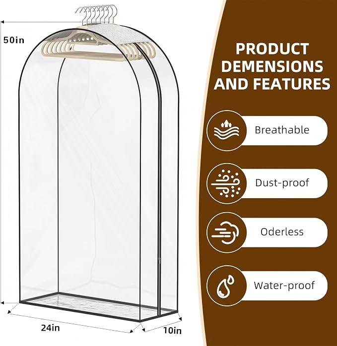 Clear Garment Bags for Hanging Clothes, 4-Pack, 50" | Upgraded thickened clear garment bags with 10" gusset for closet storage of shirts, coats, dresses