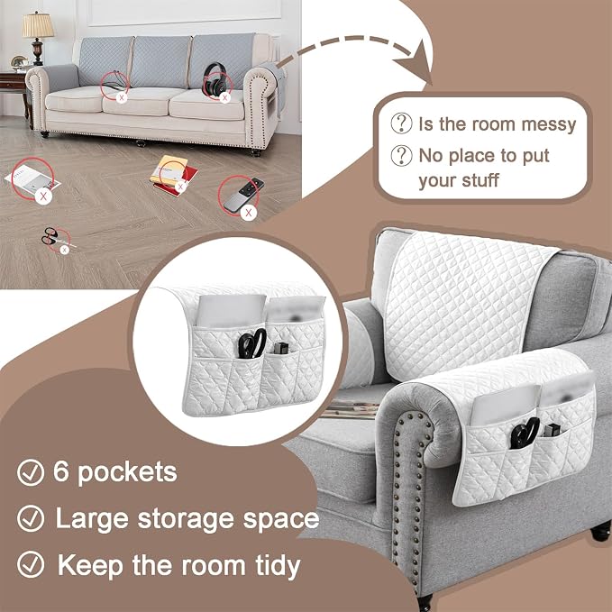 Water-Resistant Sofa Armrest and Headrest Covers with Side Pocket | Keep remotes close quilted polyester helps guard against wear, pet scratches, and kids' messes silicone backing adds grip