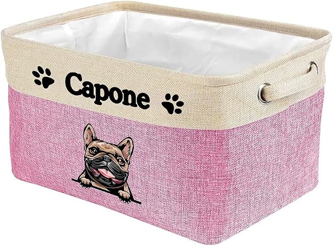 Personalized Fabric Dog Toy Storage Basket with Lovely Dog French Bulldog Collapsible Sturdy Fabric Pet Toys Storage Bin Cube with Handles for Organizing, Pink and White