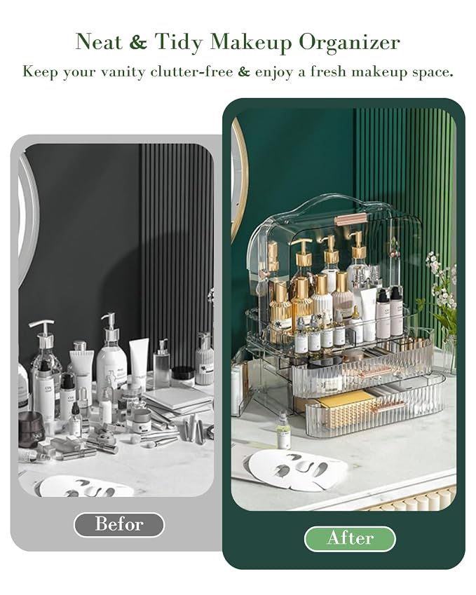 LINFIDITE Cosmetics Storage Box Transparent Lid Large Makeup Organizer Box Drawers Portable Handle Waterproof Dustproof Skincare Display Cases for Countertop, Bathroom, Dresser, PET,Clear Green