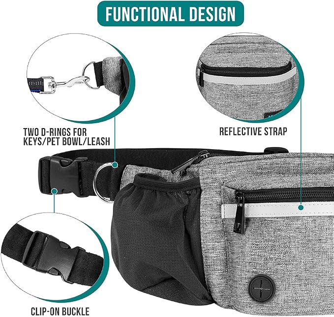 PetAmi Dog Fanny Pack, Treat Pouch for Dog Walking Training, Light Gray | Built in Poop Bag Dispenser, Water Bottle Holder, Collapsible Bowl, Pet Treat Waist Belt for Hiking Running Kibbles