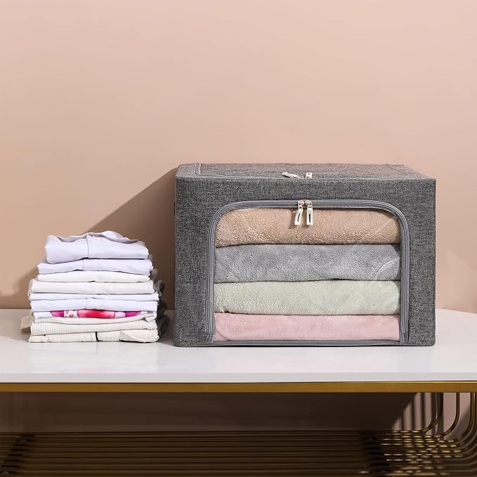 CYhom 3Pack Foldable Storage Bins - Frame Storage Box Linen Fabric Stackable Clothes Container Organizer with Clear Window & Carry Handles Large Capacity (Large-66L, Dark Gray)
