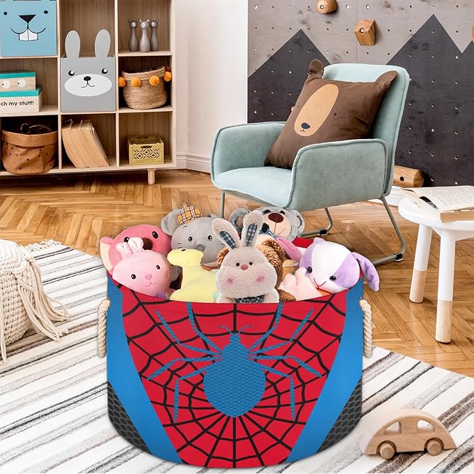 Storage Baskets - Large Red Blue Spider Web Nursery Organizer Bin Box with Handles Collapsible Round Laundry Hamper for Kids Boy Toys Blanket, Bedroom Living Room Decor Gift Basket (19.4"x13.3")