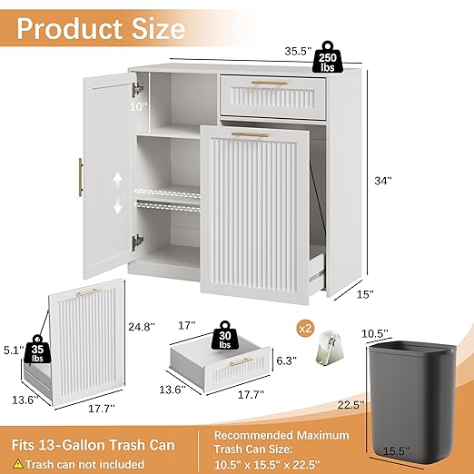 13 Gallons Pull Out Trash Can Cabinet with Storage, White | Fluted Kitchen Trash Cabinet with Adjustable Shelf & Drawer, Hidden Wood Pet Proof Trash Can Holder for Laundry, Living Room