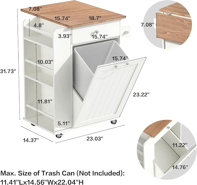 Kitchen Island with Trash Can Storage & Drop Leaf, Portable Kitchen Island on Wheels, Rolling Island Table for Kithchen