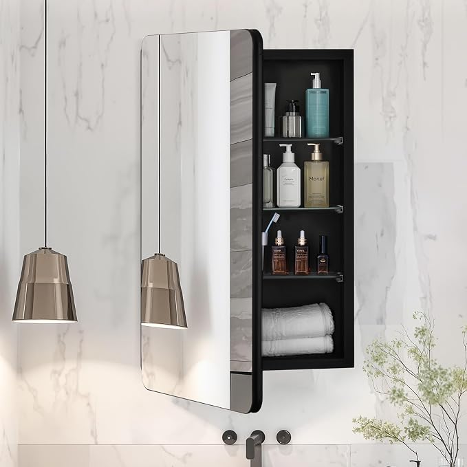 VEVOR Medicine Cabinet, 16.5 x 27.5 inch, Medicine Cabinet for Bathroom with Mirror, Aluminum Frame Bathroom Wall Cabinet, 3-Layer Adjustable Shelves, Recessed & Wall-Mounted Installation