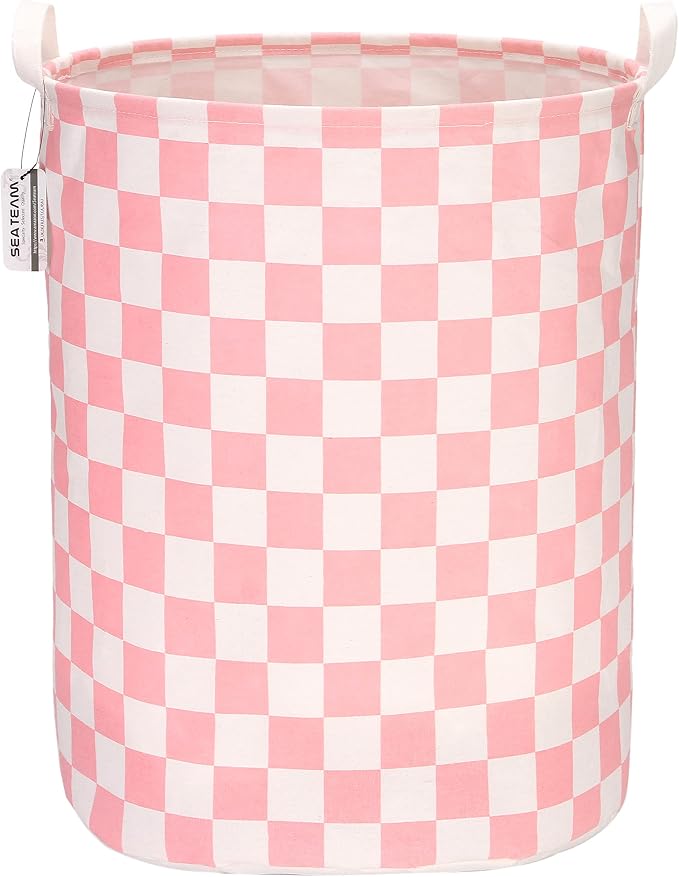 Sea Team Large Canvas Laundry Basket with Handles, Pink Grids | Collapsible Fabric Laundry Hamper, Closet Shelf Organizers, Containers for Clothing, Blankets, Toys, Bedding, 19.7 x 15.7”