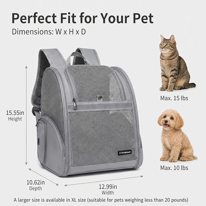 Cat Backpack Carrier for Small Dogs and Medium cat Puppy Kitten Bunny Pet Carrier Backpack Collapsible with Fully Ventilated Mesh with Safety Leash (Gray, 12.9" L x 10.62" W x 15.5" H - M)