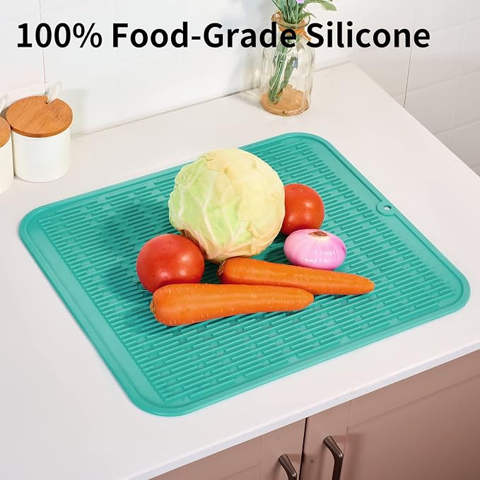 ZLR Oversized Silicone Dish Drying Mat for Kitchen, 16"x18", Mint Green | Family-Size Drainboard for Pots & Pans, Thick 4mm No-Curl, Heat-Resistant Trivet to 450°F, Non-Slip, Rolls to Store