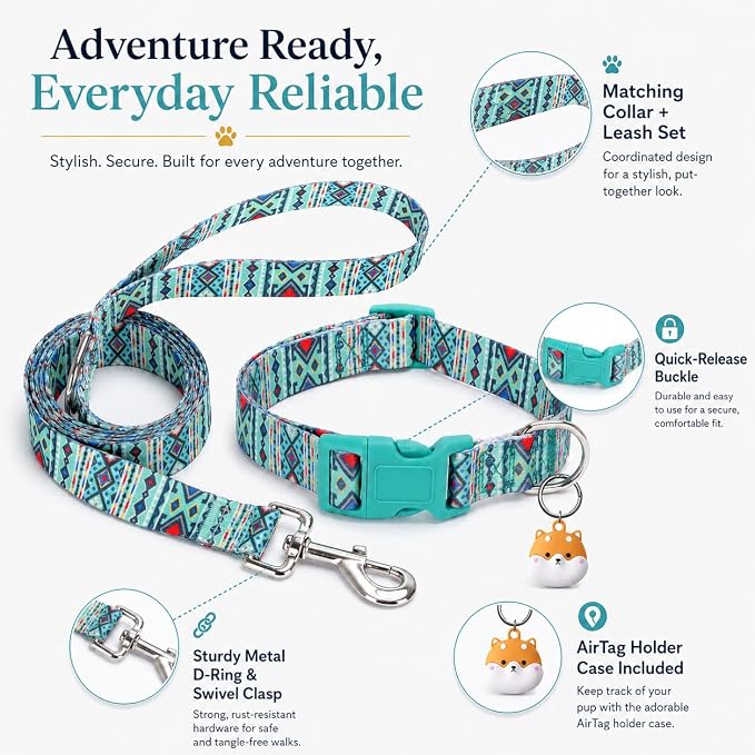 Matching Dog Collar and Leash Set with AirTag Holder-Maya/M | Anti-Lost,Adjustable Durable Pet Collar Leash Combo for Medium Boy Girl Dogs,for Outdoor Walking Hiking Training Running