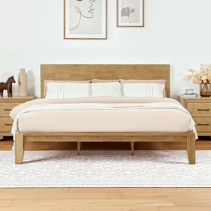 Softa Mikor King Japanese Joinery Bed Frame with Headboard, Solid Rubberwood, 1500 Lbs Heavy Duty Slats Support, SGS Certified, No-Tool Setup, Hidden Storage, USB-A/C Port, No Box Spring Needed