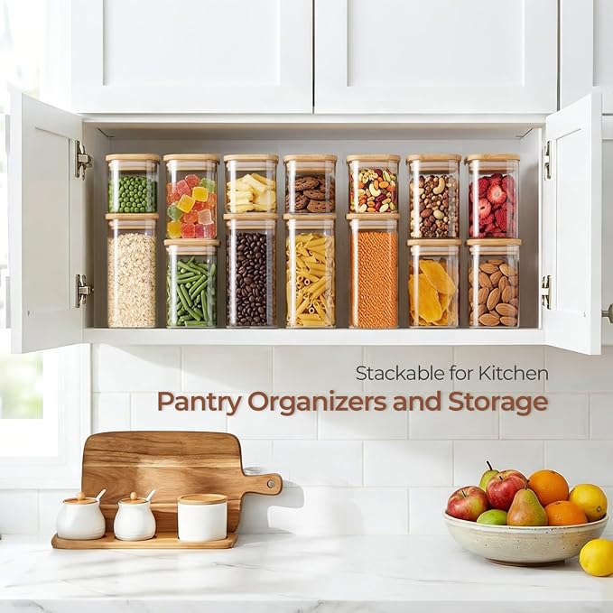 ComSaf Glass Pantry Storage Containers (0.7qt/1.2qt/1.6qt) Set of 6 Jars | Glass Storage Containers with Lids, Rectangle Glass Canisters with Airtight Lids For Kitchen, Spices, Tea, Coffee, BPA Free