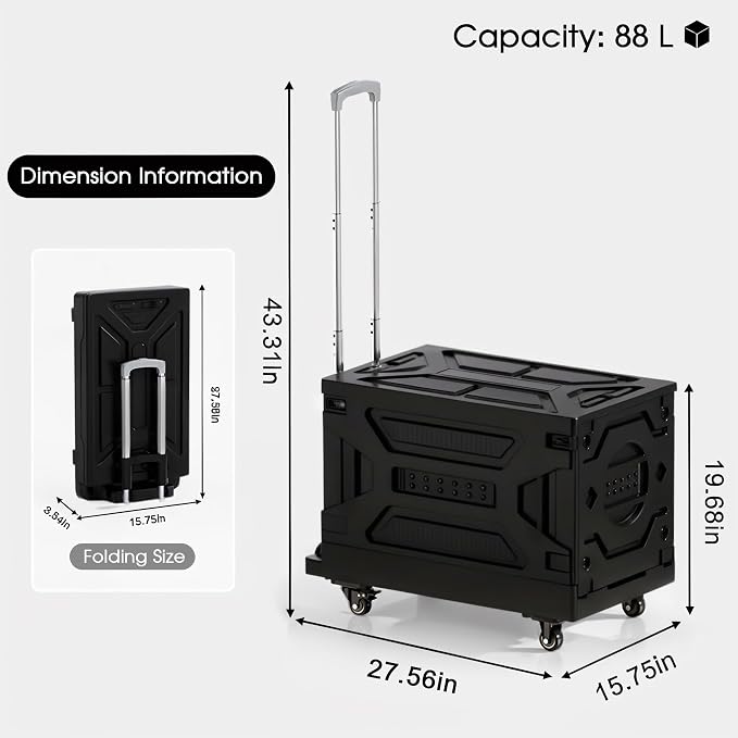 VECELO 88LHeavy-Duty 2-in-1 Foldable Utility Cart, Large Capacity Rolling Crate, Thickened Material with Silent Swivel Wheels, Dual Modes (Basket/Flatbed) for Grocery, Laundry, Camping, Black
