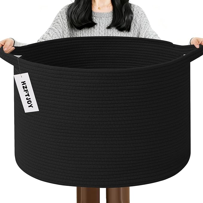 115L Extra Large Blanket Basket,Woven Rope Laundry Basket-Black | Collapsible, reinforced handles, nursery storage bin organizes clothes, toys and pillows for living room, bedroom bathroom