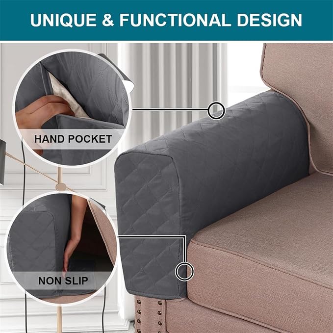 2 Pcs Waterproof Couch Arm Covers Dirty-Resistant Anti-Scratch Arm Rest Covers for Sofa with Side Pocket Anti-Slip Arm Chair Covers, Armrest Organizer(Grey)