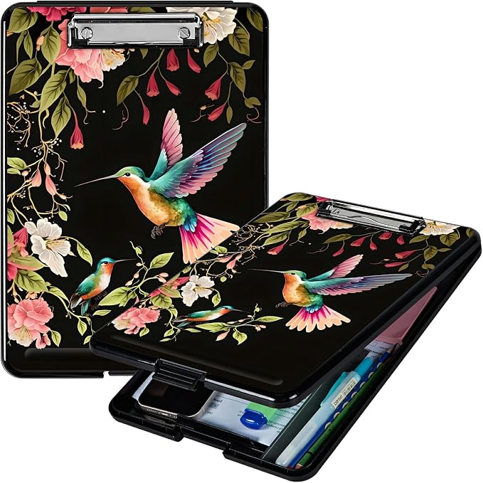 A4 Clipboard with Storage Pen Holder, Clipboards Organizer Nursing Clipboard Foldable File Folder Plastic Clipboard Folio Clip Board for Office Students Classroom Doctor, Flower Hummingbird