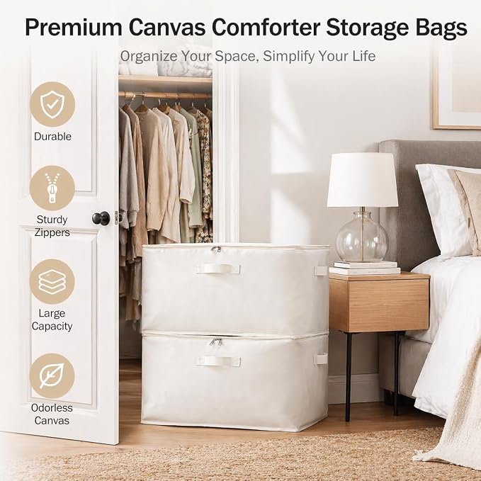 2 Pack Canvas Comforter Storage Bags for Clothes & King Comforters, Natural | 70L Capacity, Dual Zippers, Three Reinforced Handles, Foldable Canvas Design for Comforters, Blankets and Seasonal Clothing