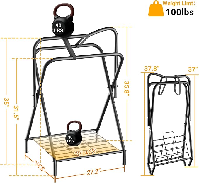 Dunatou Foldable Saddle Rack with Bottom Storage Shelf – Heavy Duty Horse Saddle Stand for English & Western Saddles, Portable Blanket Holder & Saddle Pad Rack for Tack Room, Barn & Trailer, Black