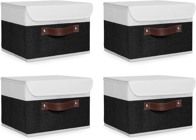 ANMINY Fabric Storage Box Bins with Lids, Black White, 10"x8"x7", 4 Pack | Keepsake Memory Storage, Cotton Linen, PP Board Reinforced, Washable, PU Handles, Foldable & Stackable, Decorative, Small