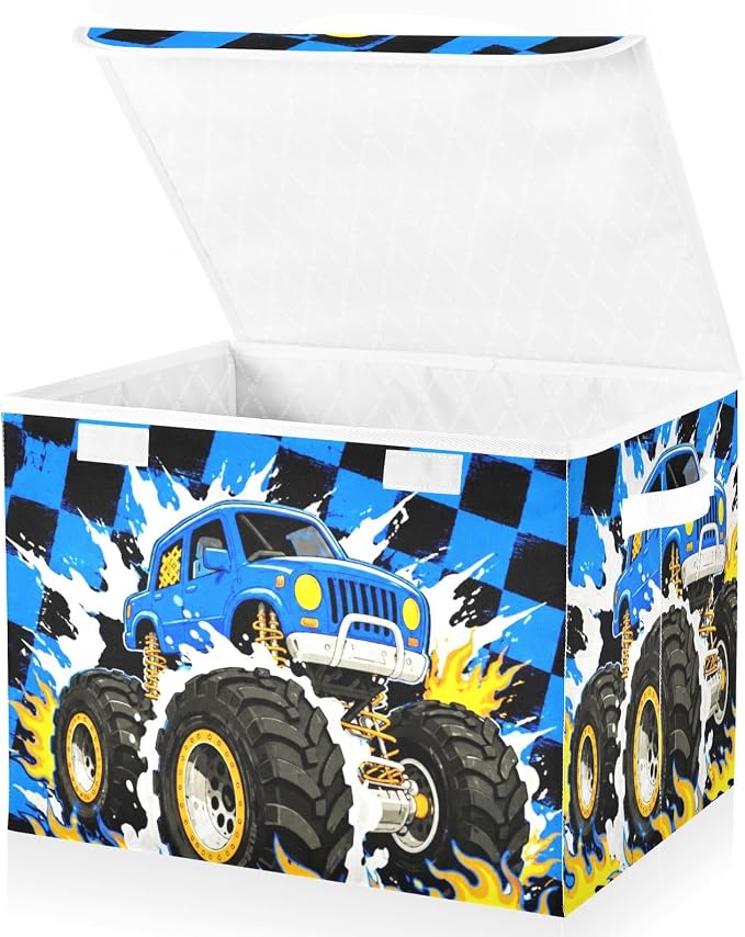 Fabric Storage Bins with Lid Monster Truck Closet Storage Basket 40L | Decorative Storage Boxes, Foldable & Stackable, Dust-Proof Flip Top, Reinforced Handles, For Home & Dorm, Clothes & Toy Box