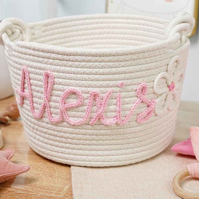 Personalized Cute Small Woven Basket with Handles, Custom Cotton Rope Room Shelf Storage Basket, Empty Decorative Gift Basket, Decorative Round Bin for Nursery Bedroom Bathroom (Style E)