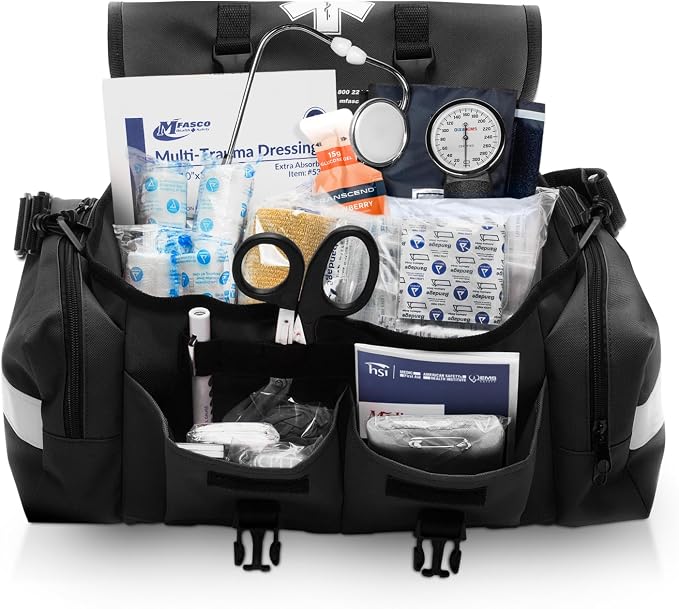 MFASCO Trauma Bag First Aid Kit Emergency Response Supplies Black | 415 Piece Fully Stocked Supplies for Disaster Preparedness | for Business, Schools, Organizations, Groups, Home Safety