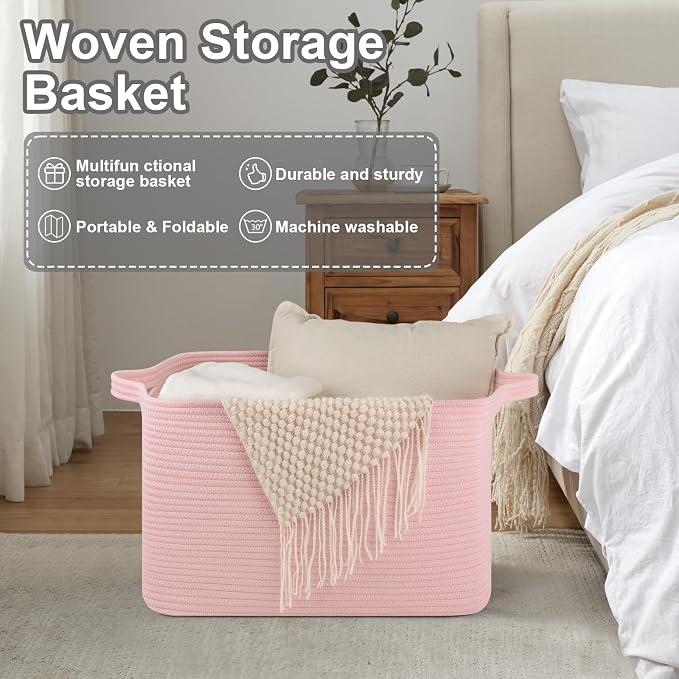 OIASKET 65L Extra Large Blanket Basket Living Room, 19.7"x15.8"x11.8" | Rectangle Woven Laundry Hamper, Nursery Blanket Storage Living Room, Toy Storage With Handle, Large Baskets for Organizing