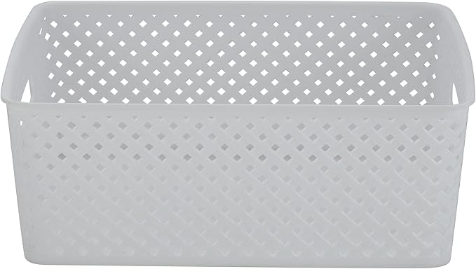 Simplify Medium Resin Wicker Tote | Storage Bin | Plastic Organizer | Carrying Handles | Bathroom | Pantry | Accessories | Cleaning Products | White